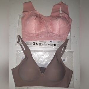 NWT XL Pink Lace Front Closure Bralette and XL Taupe Seamless Bra Lot Of 2
